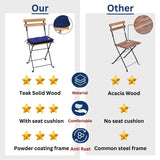 3-Piece Teak Wood Patio Bistro Set,Includes 1 Folding Table and 2 Folding Chairs with 2 Cushions