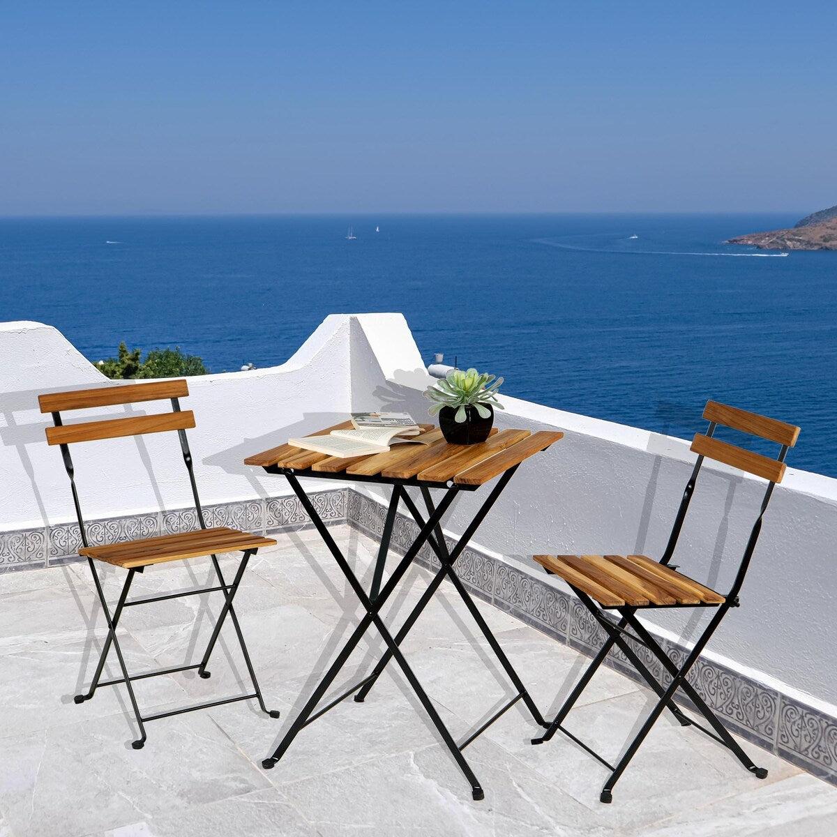 3-Piece Teak Wood Patio Bistro Set,Includes 1 Folding Table and 2 Folding Chairs with 2 Cushions