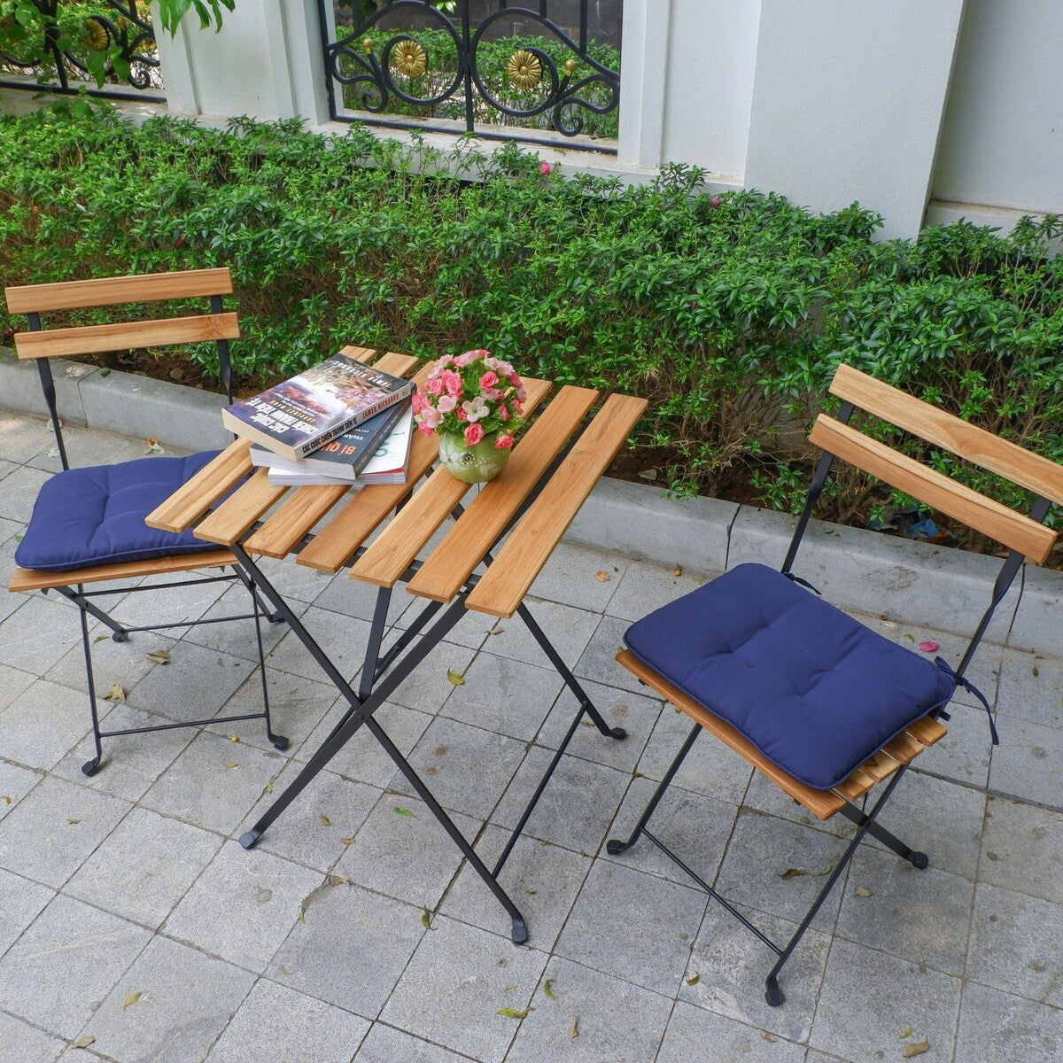 3-Piece Teak Wood Patio Bistro Set,Includes 1 Folding Table and 2 Folding Chairs with 2 Cushions