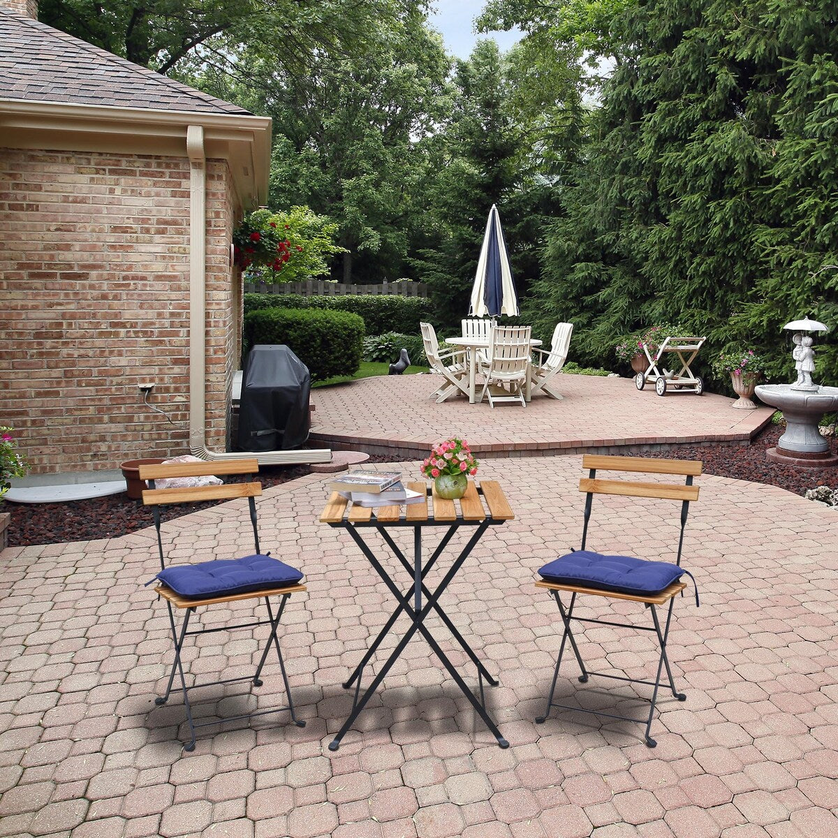 3-Piece Teak Wood Patio Bistro Set,Includes 1 Folding Table and 2 Folding Chairs with 2 Cushions