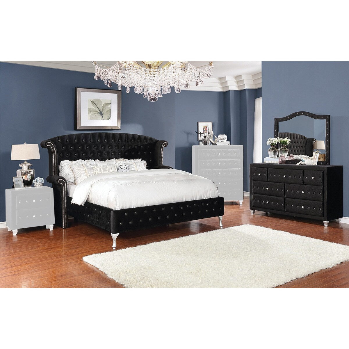 3 Piece Velvet Upholstered Bedroom Set in Black and Metallic