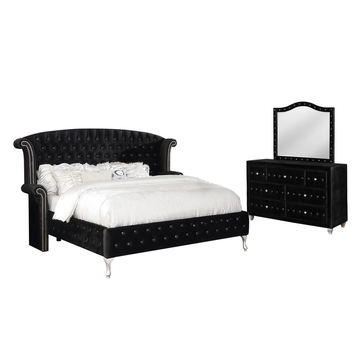3 Piece Velvet Upholstered Bedroom Set in Black and Metallic
