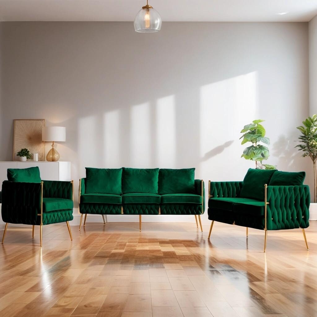 3-Piece Velvet Upholstered Handmade Woven Back Sofa Sets