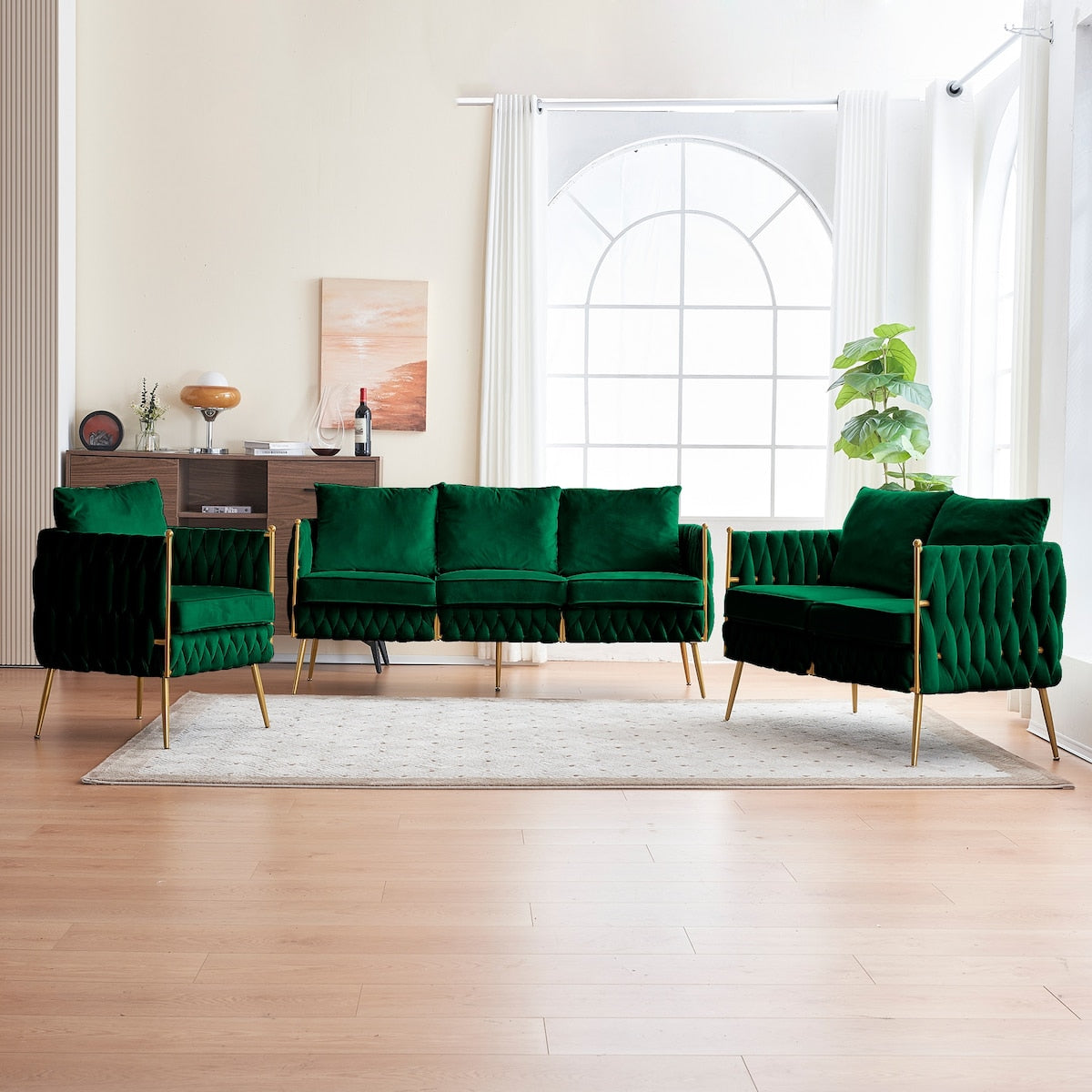 3-Piece Velvet Upholstered Handmade Woven Back Sofa Sets