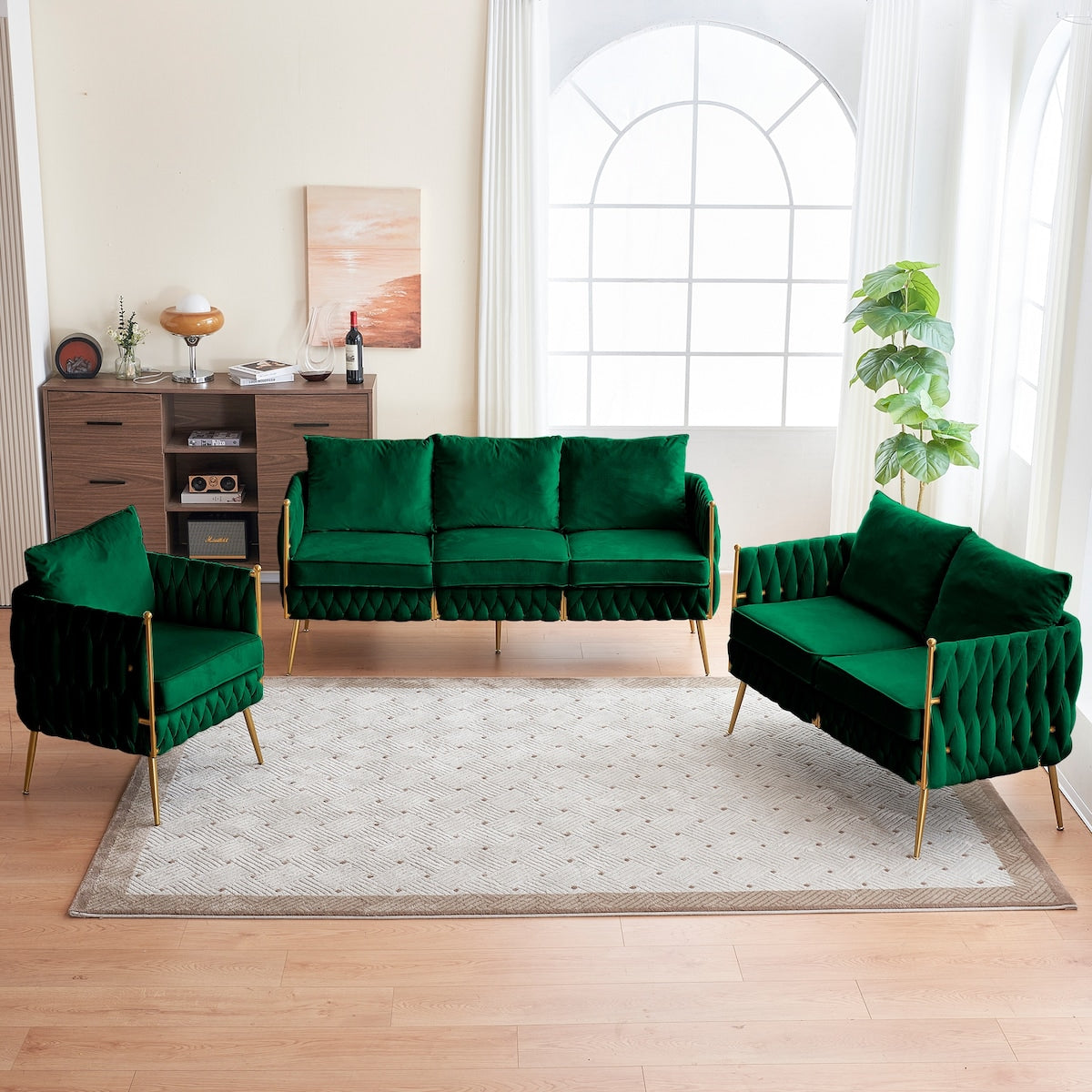3-Piece Velvet Upholstered Handmade Woven Back Sofa Sets