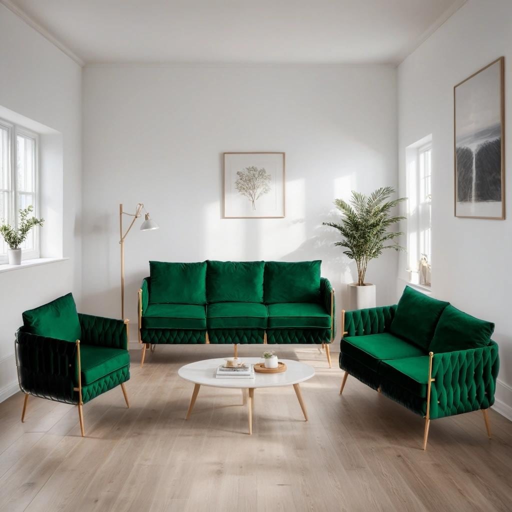 3-Piece Velvet Upholstered Handmade Woven Back Sofa Sets