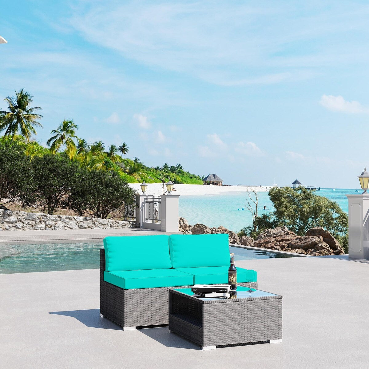 3-Piece Wicker Outdoor Patio Furniture Sectional Conversation Set with Cushion and Side Table