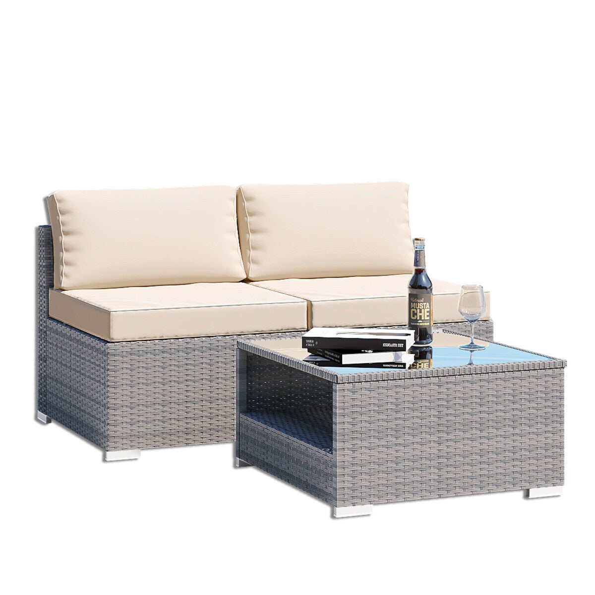 3-Piece Wicker Outdoor Patio Furniture Sectional Conversation Set with Cushion and Side Table