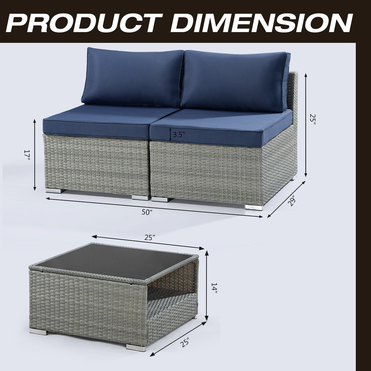 3-Piece Wicker Outdoor Patio Furniture Sectional Conversation Set with Cushion and Side Table