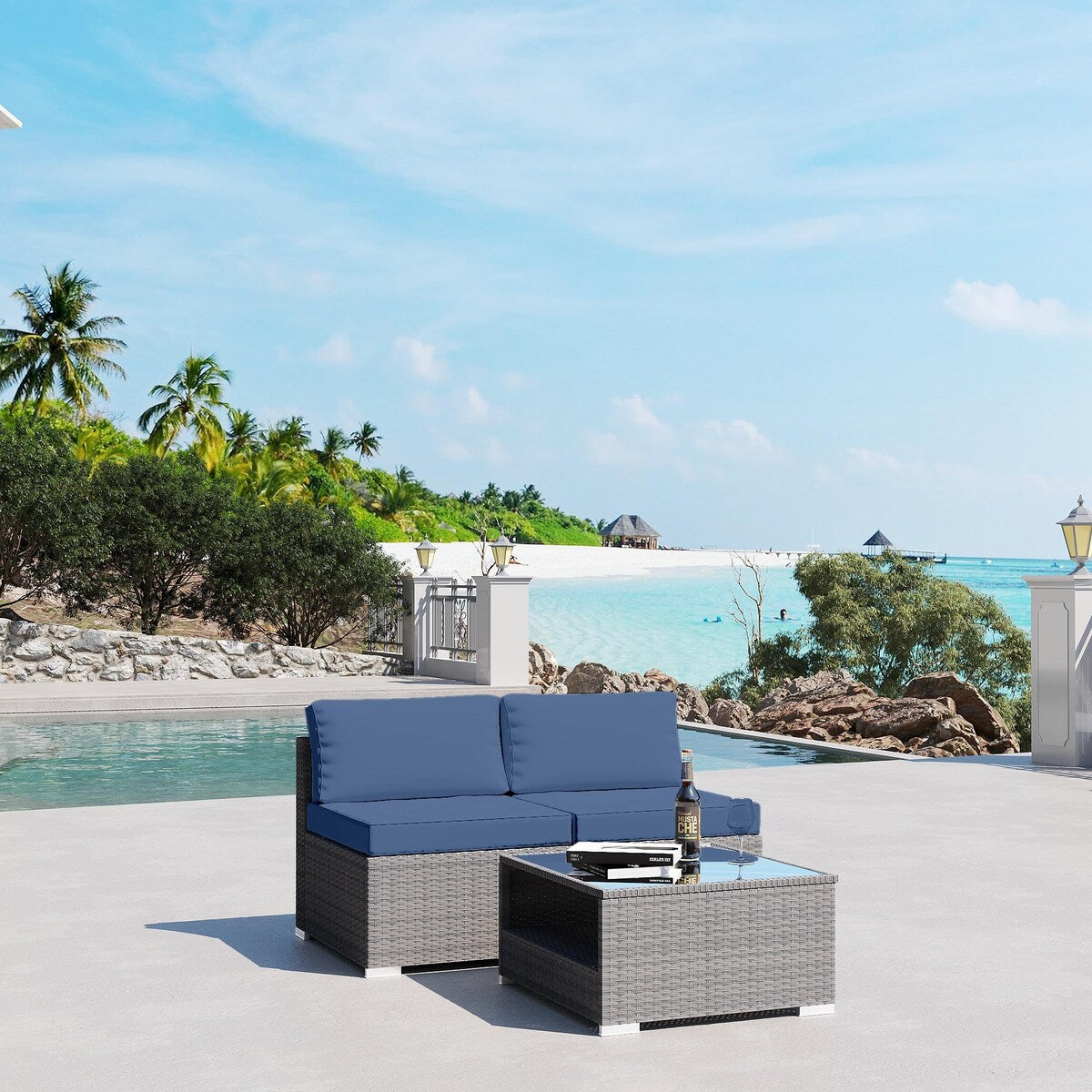 3-Piece Wicker Outdoor Patio Furniture Sectional Conversation Set with Cushion and Side Table