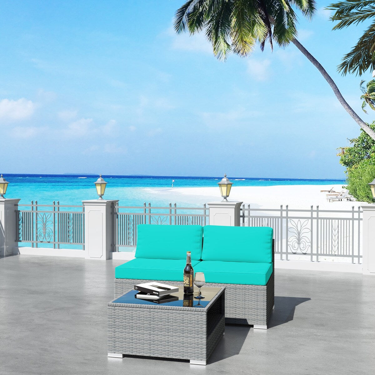 3-Piece Wicker Outdoor Patio Furniture Sectional Conversation Set with Cushion and Side Table