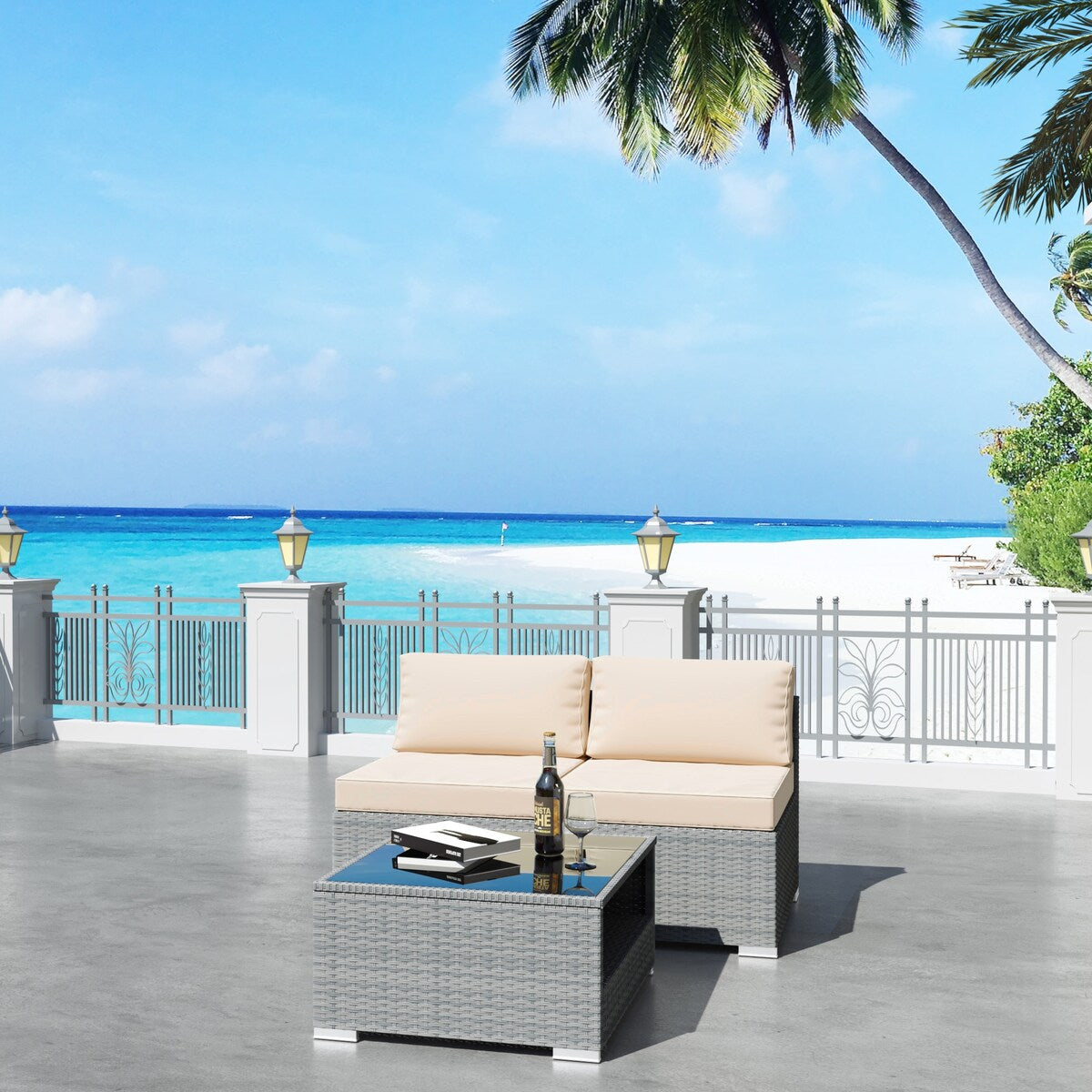 3-Piece Wicker Outdoor Patio Furniture Sectional Conversation Set with Cushion and Side Table