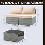 3-Piece Wicker Outdoor Patio Furniture Sectional Conversation Set with Cushion and Side Table