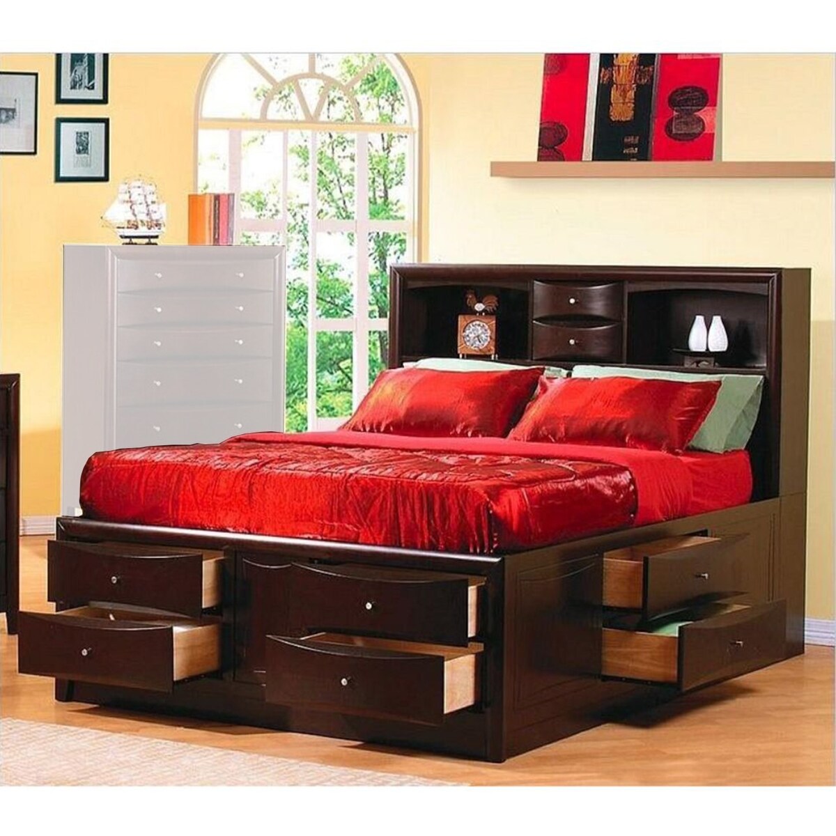 3 Piece Wood Frame Queen Bedroom Set with Storage Drawers in Cappuccino