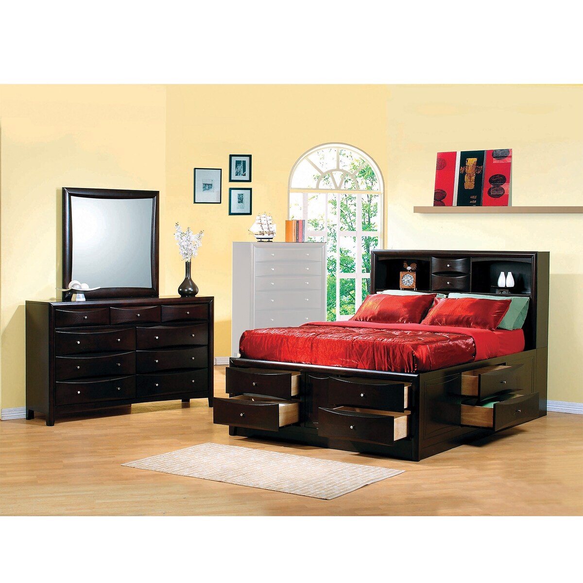 3 Piece Wood Frame Queen Bedroom Set with Storage Drawers in Cappuccino