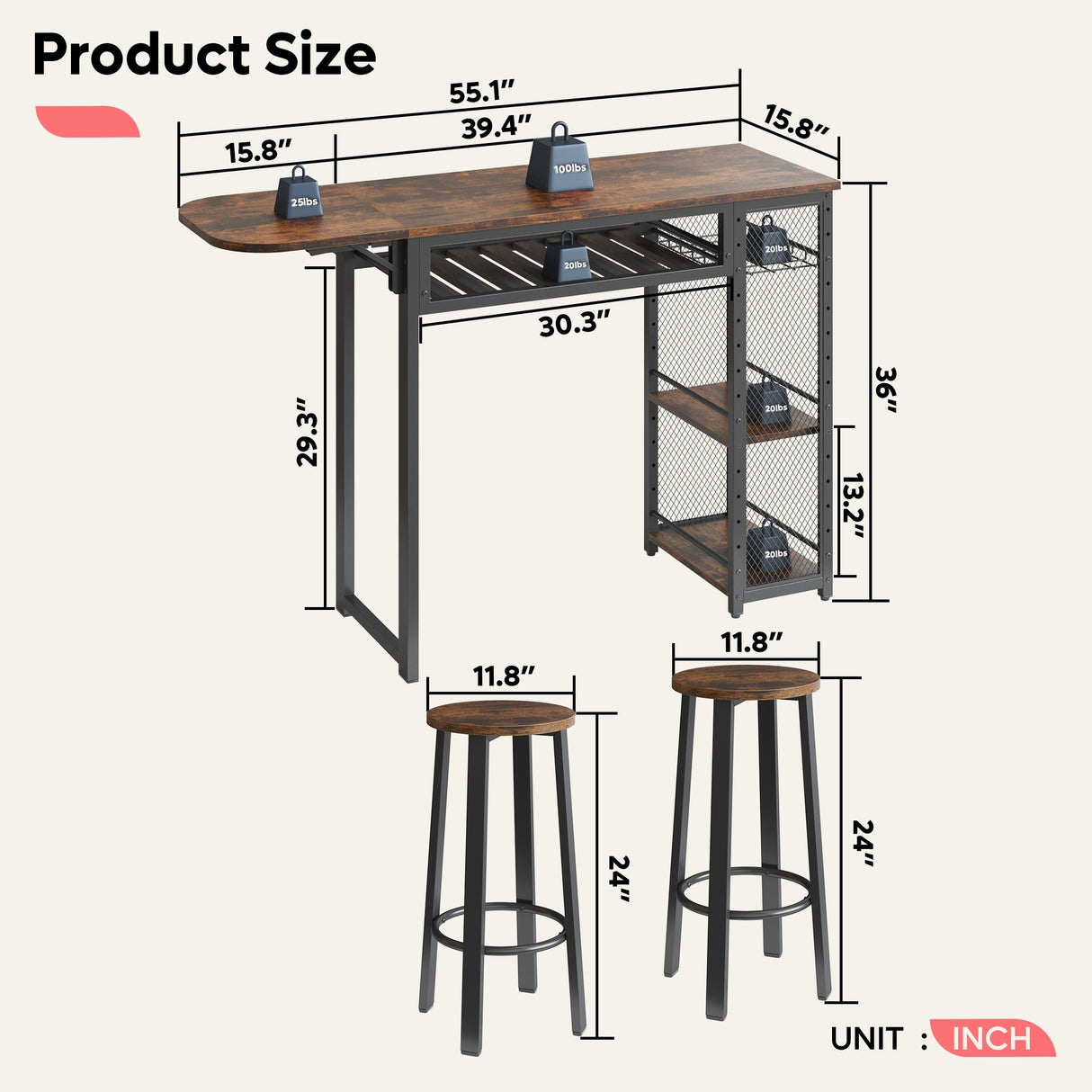 3 Pieces Bar Pub Table Set with Two Stools