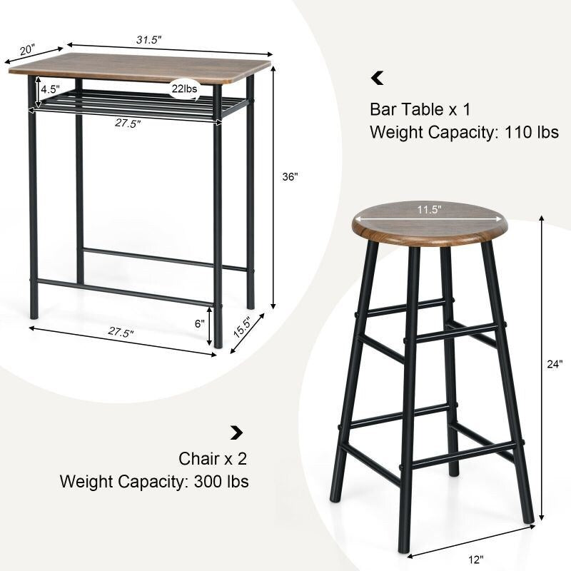 3 Pieces Bar Table Modern Counter Height Dining Set Table