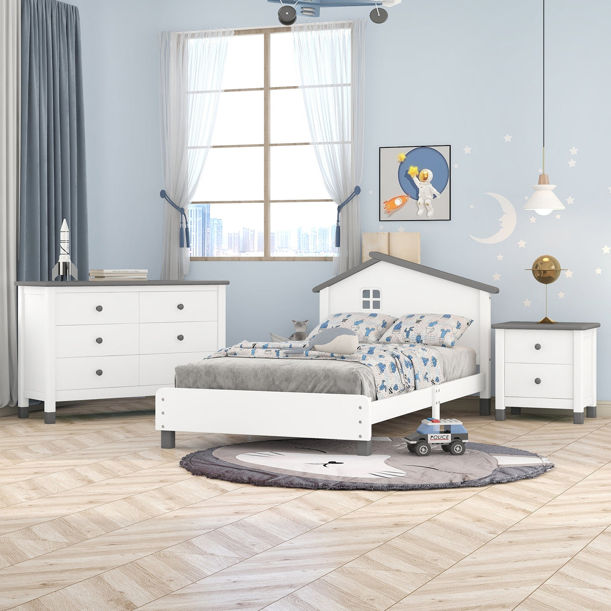 3-Pieces Bedroom Sets Twin Size Platform Bed with Nightstand and Storage Dresser