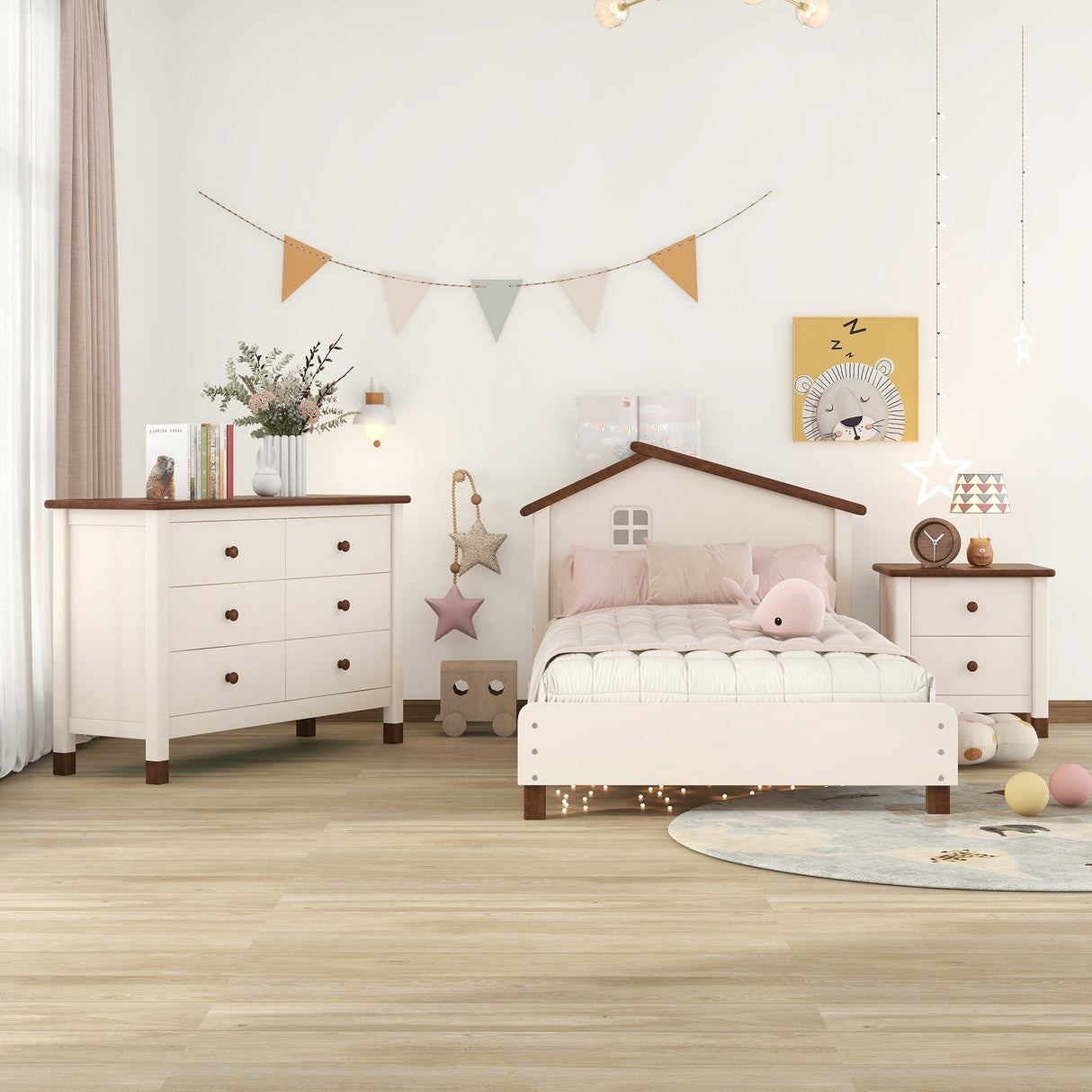 3-Pieces Bedroom Sets Twin Size Platform Bed with Nightstand and Storage Dresser