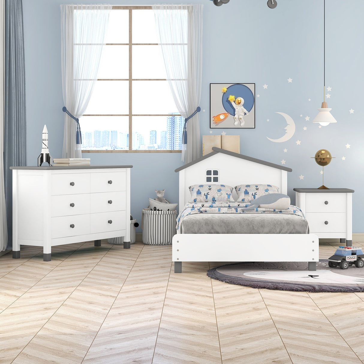3-Pieces Bedroom Sets Twin Size Platform Bed with Nightstand and Storage Dresser
