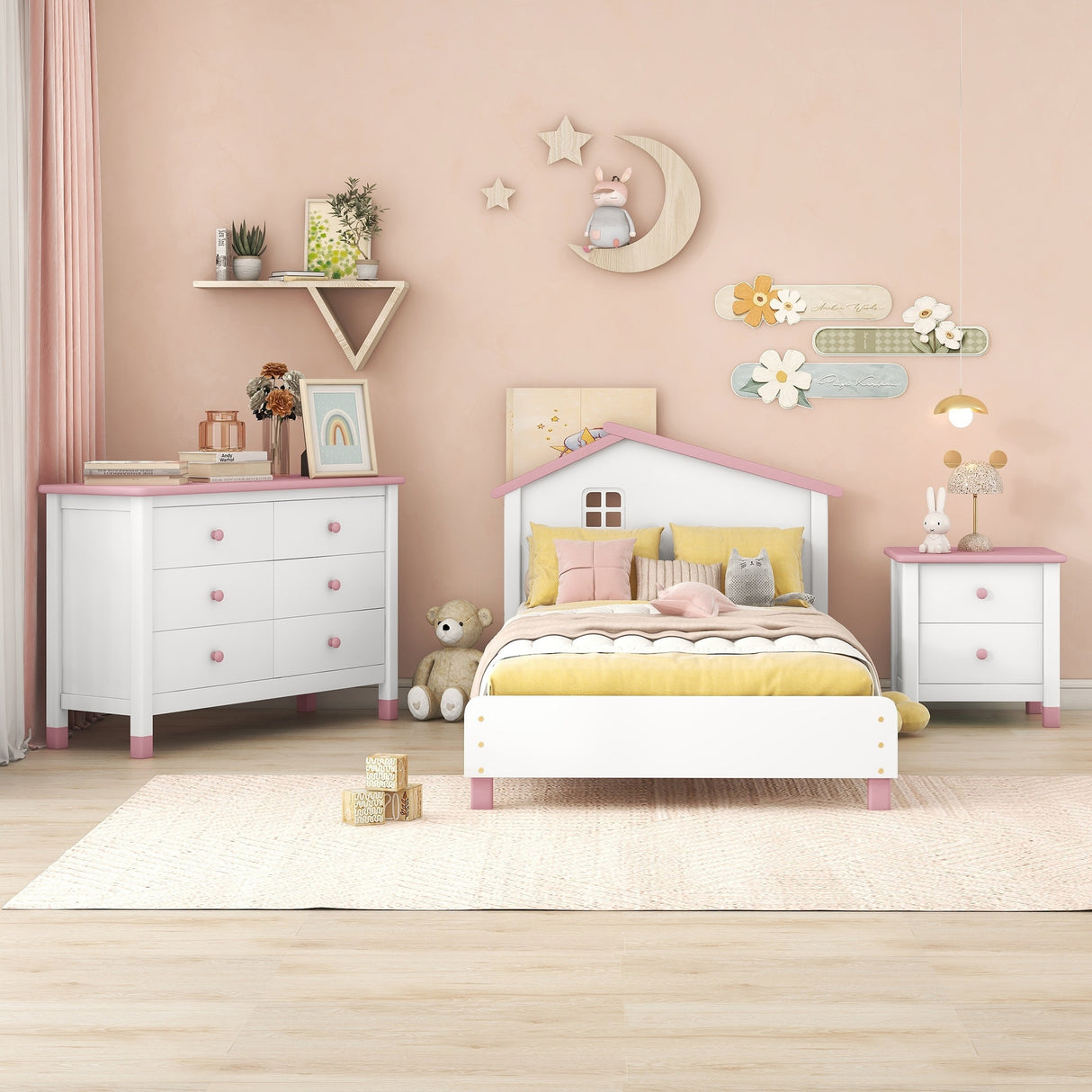 3-Pieces Bedroom Sets Twin Size Platform Bed with Nightstand and Storage Dresser