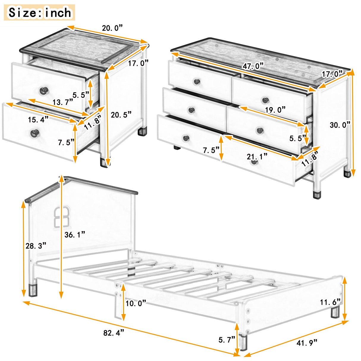 3-Pieces Bedroom Sets Twin Size Platform Bed with Nightstand and Storage Dresser