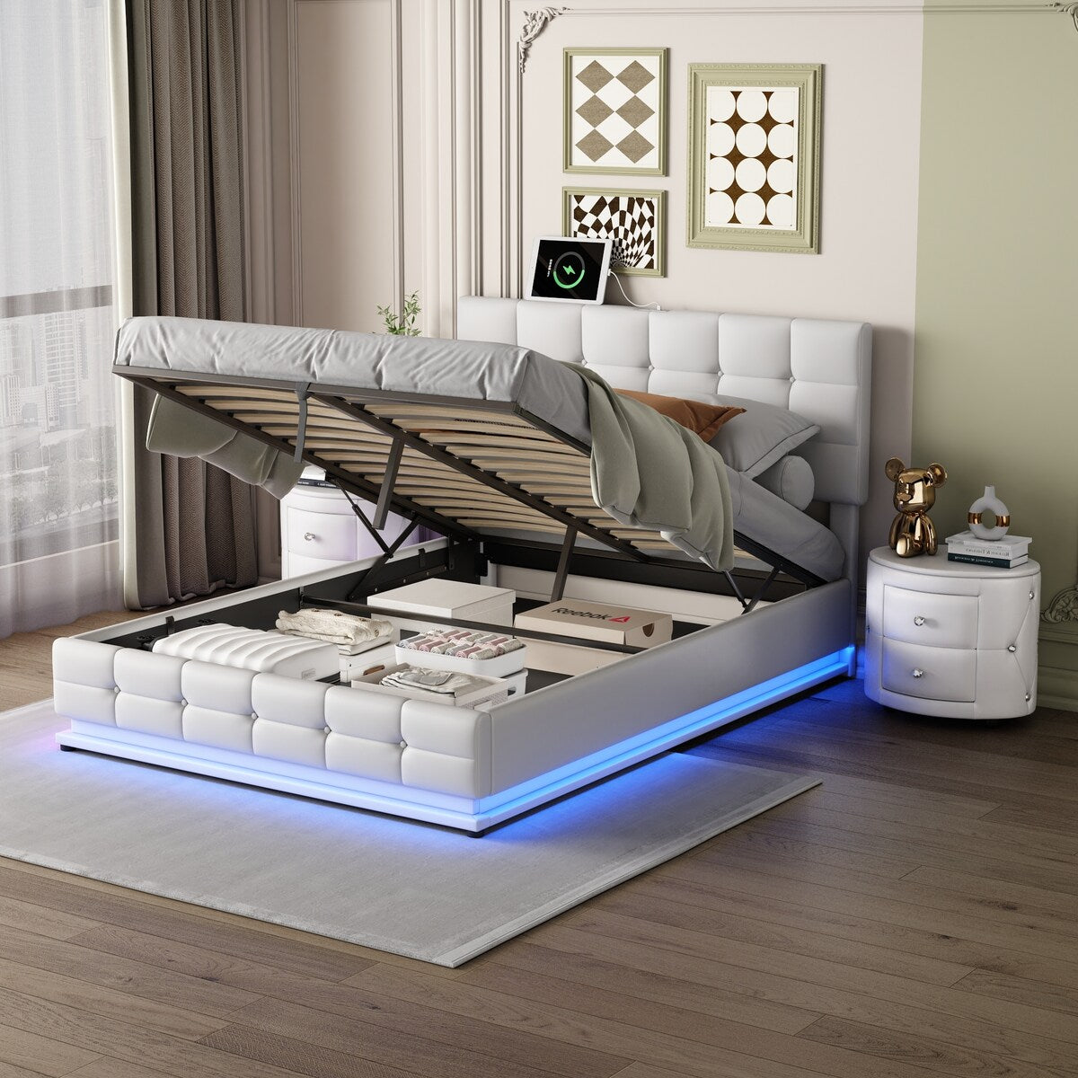 3-Pieces Bedroom Sets With Queen LED Storage Platform Bed and 2 Nightstands