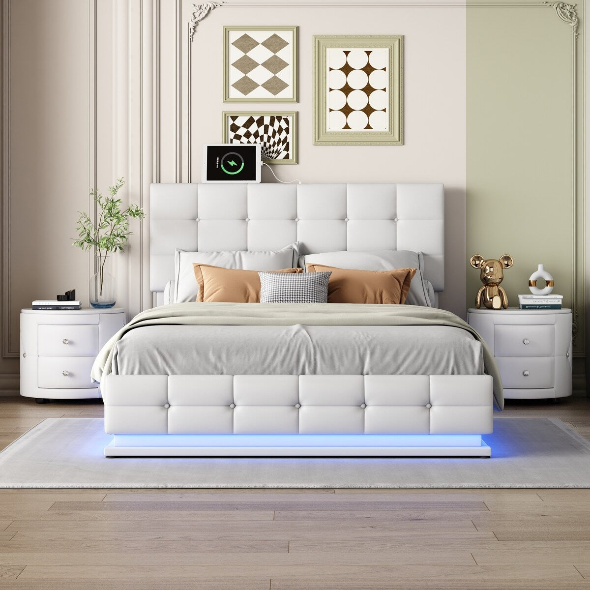 3-Pieces Bedroom Sets With Queen LED Storage Platform Bed and 2 Nightstands