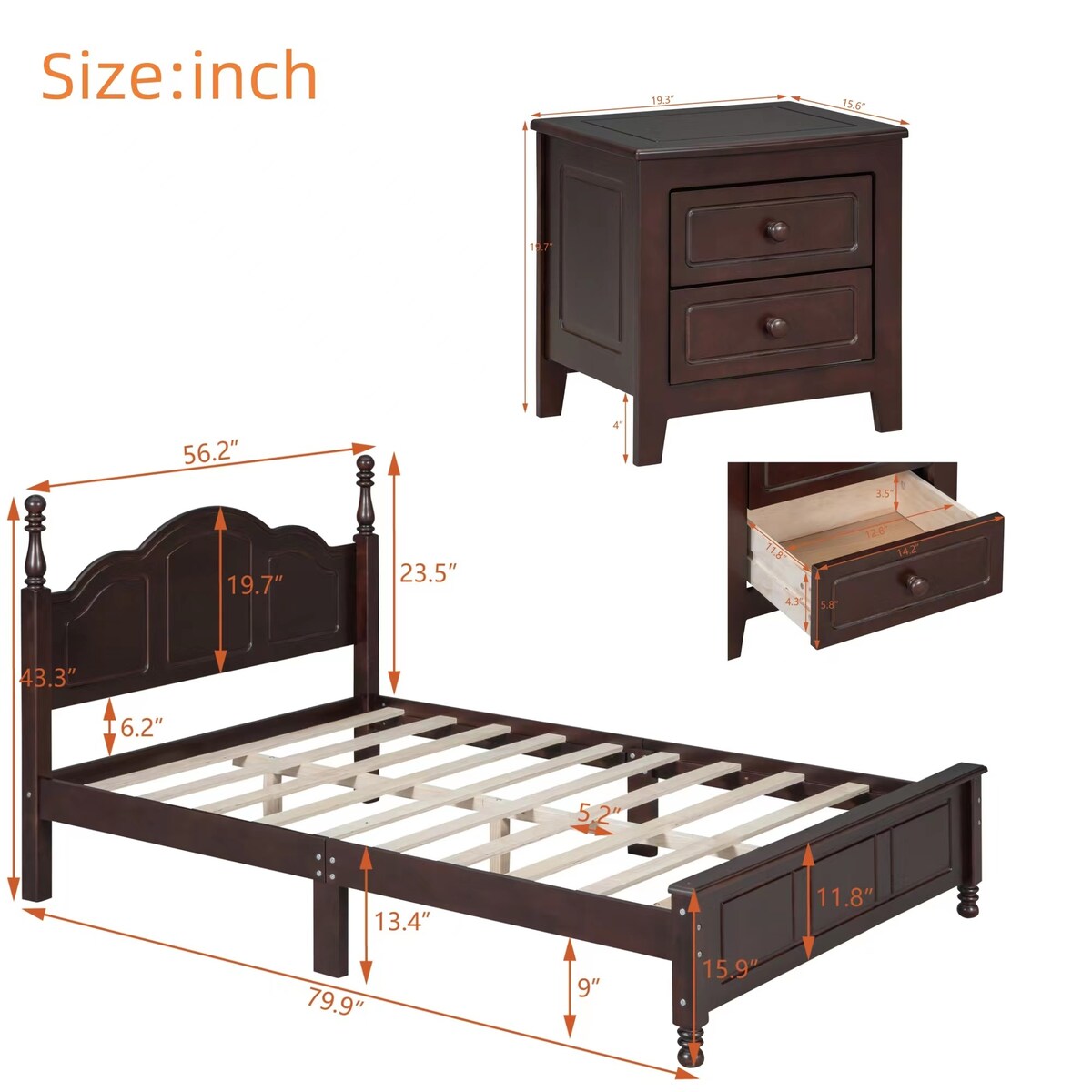 3-Pieces Bedroom Sets with Full Size Wood Platform Bed and Two Nightstands