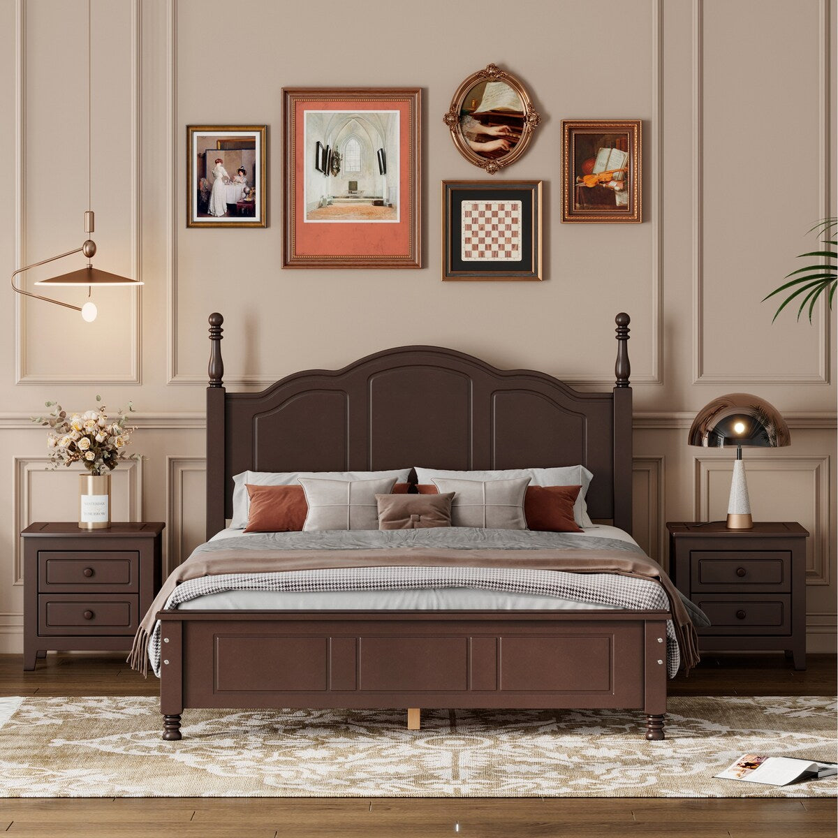3-Pieces Bedroom Sets with Full Size Wood Platform Bed and Two Nightstands
