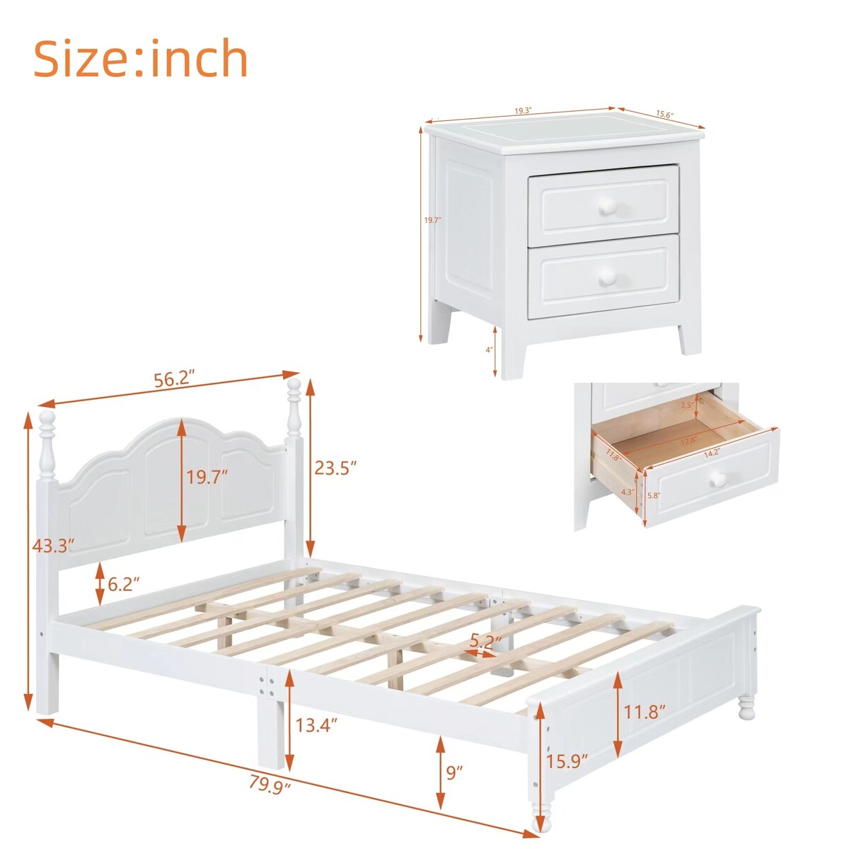 3-Pieces Bedroom Sets with Full Size Wood Platform Bed and Two Nightstands