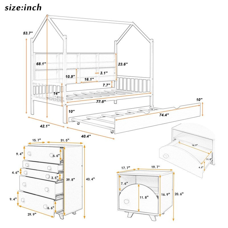 3-Pieces Bedroom Sets with House Bed, Nightstand and Chest,For Kids