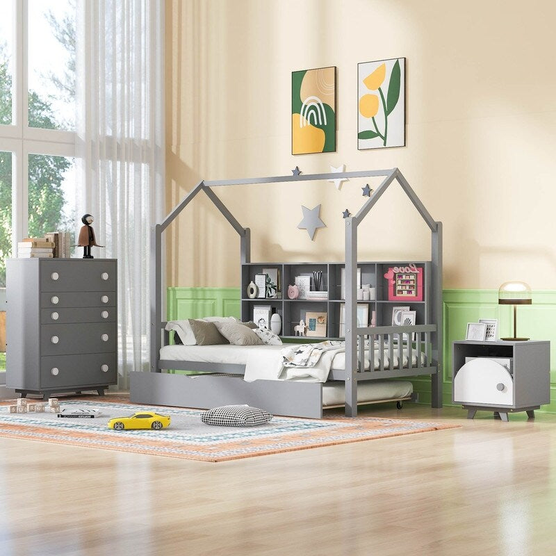 3-Pieces Bedroom Sets with House Bed, Nightstand and Chest,For Kids