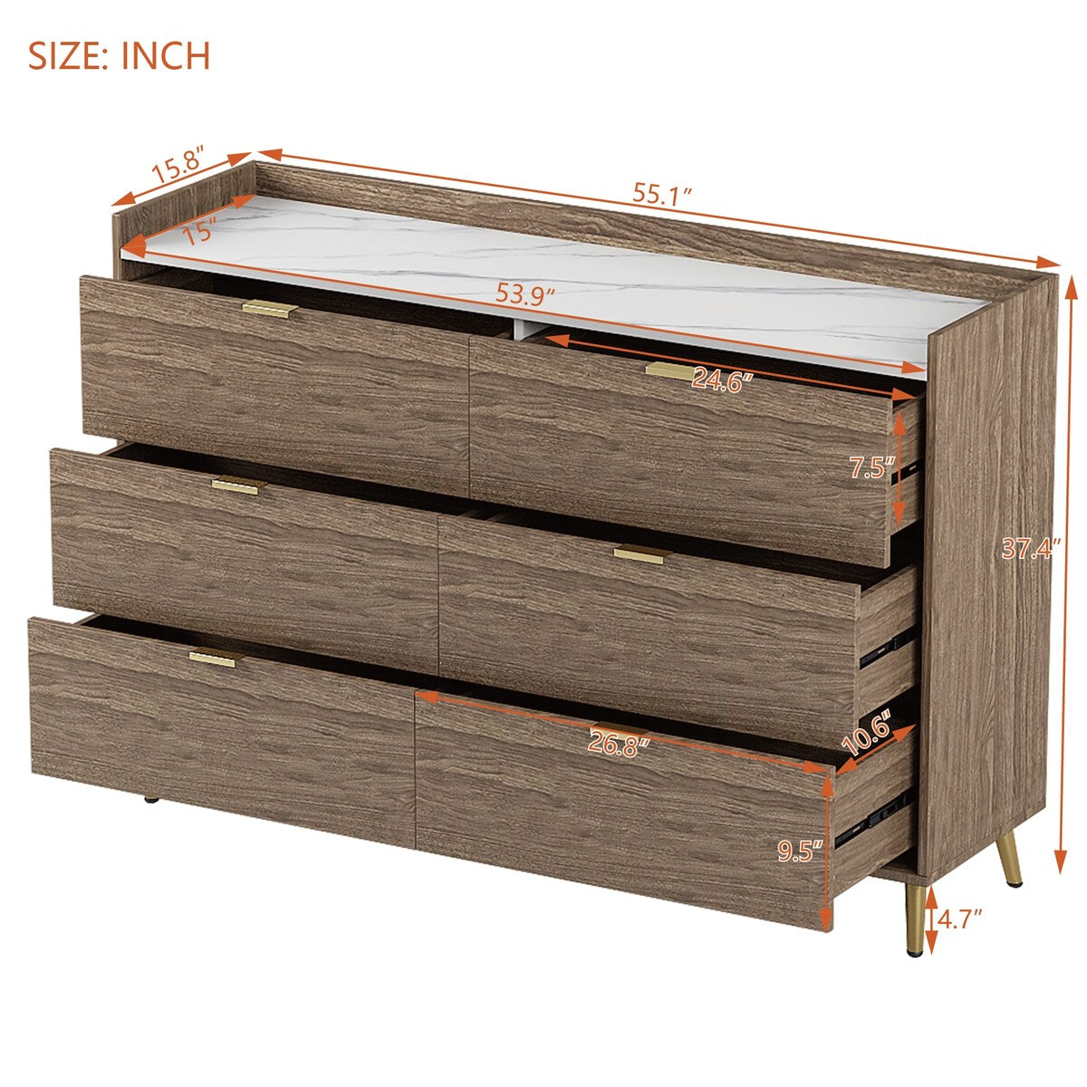 3-Pieces Bedroom Sets, Queen Size Upholstered Platform Bed with 4 Drawers, Marble Top Nightstand and Storage Dresse