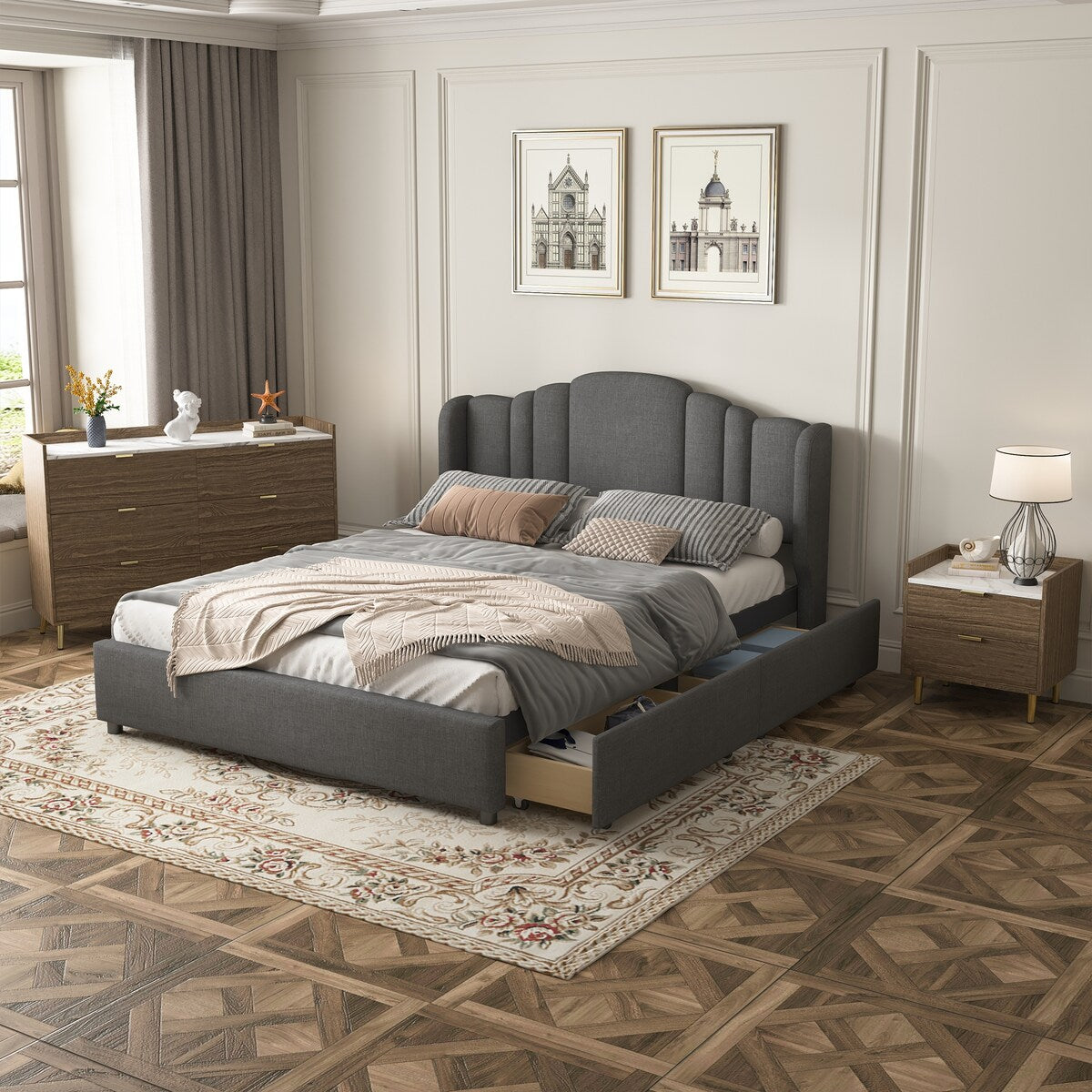 3-Pieces Bedroom Sets, Queen Size Upholstered Platform Bed with 4 Drawers, Marble Top Nightstand and Storage Dresse