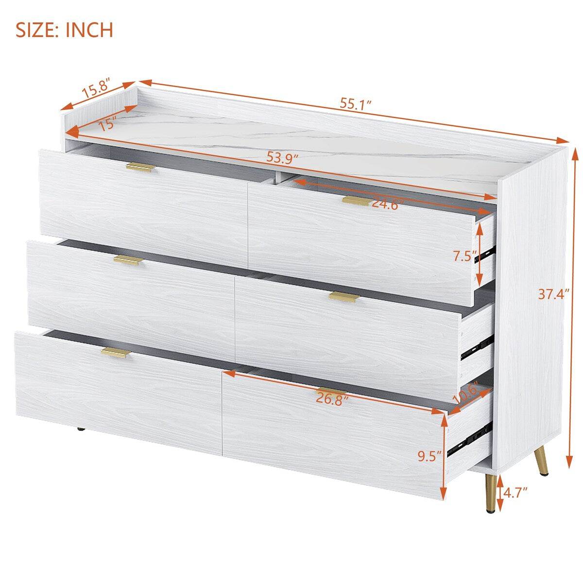 3-Pieces Bedroom Sets, Queen Size Upholstered Platform Bed with 4 Drawers, Marble Top Nightstand and Storage Dresse