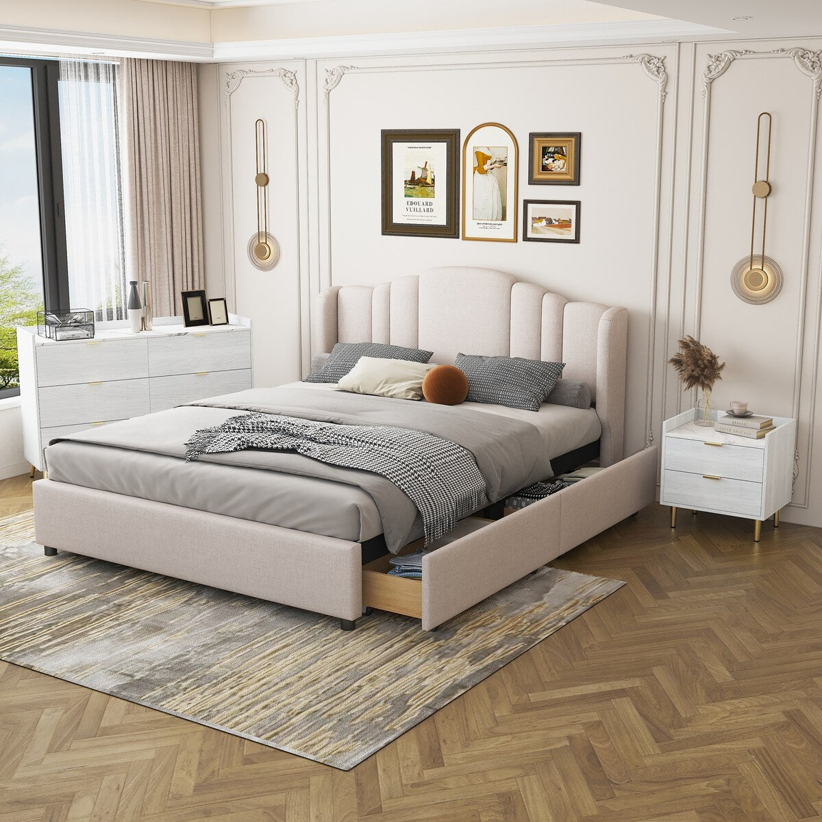 3-Pieces Bedroom Sets, Queen Size Upholstered Platform Bed with 4 Drawers, Marble Top Nightstand and Storage Dresse