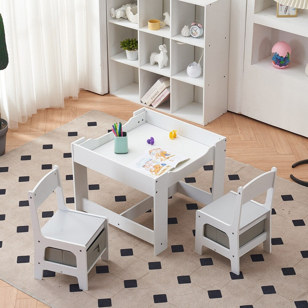 3 Pieces Children's Wooden Table and Chair Set With Two Storage Bags