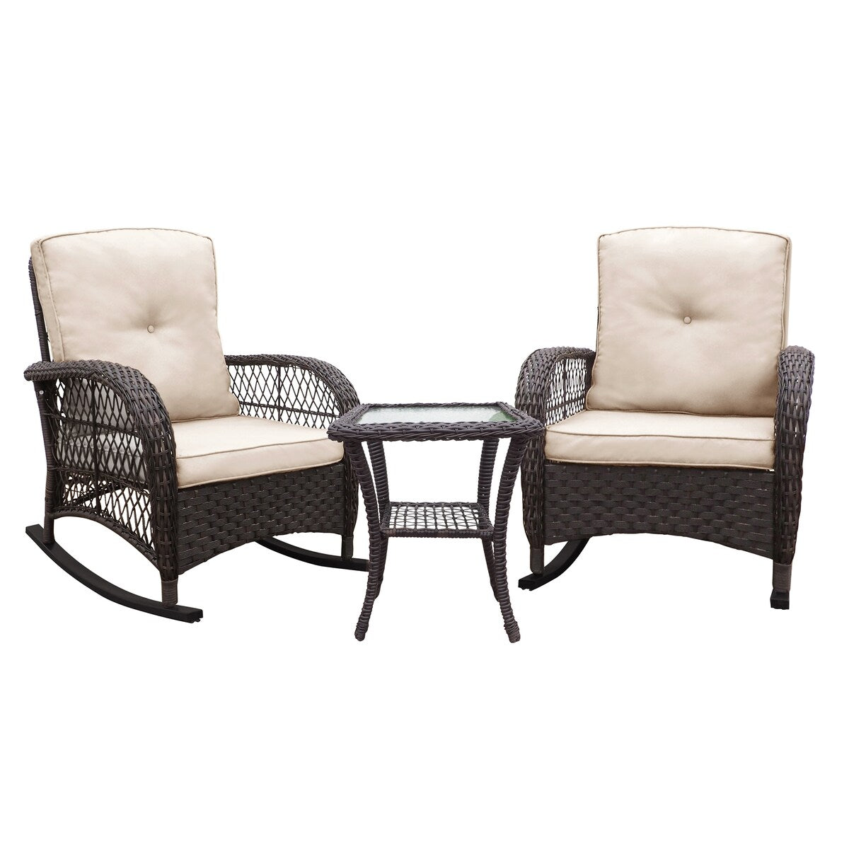 3 Pieces Conversation Set, Outdoor Garden Rattan Rocking Chair, Hand Woven Resin Willow, with Glass Top Side Table