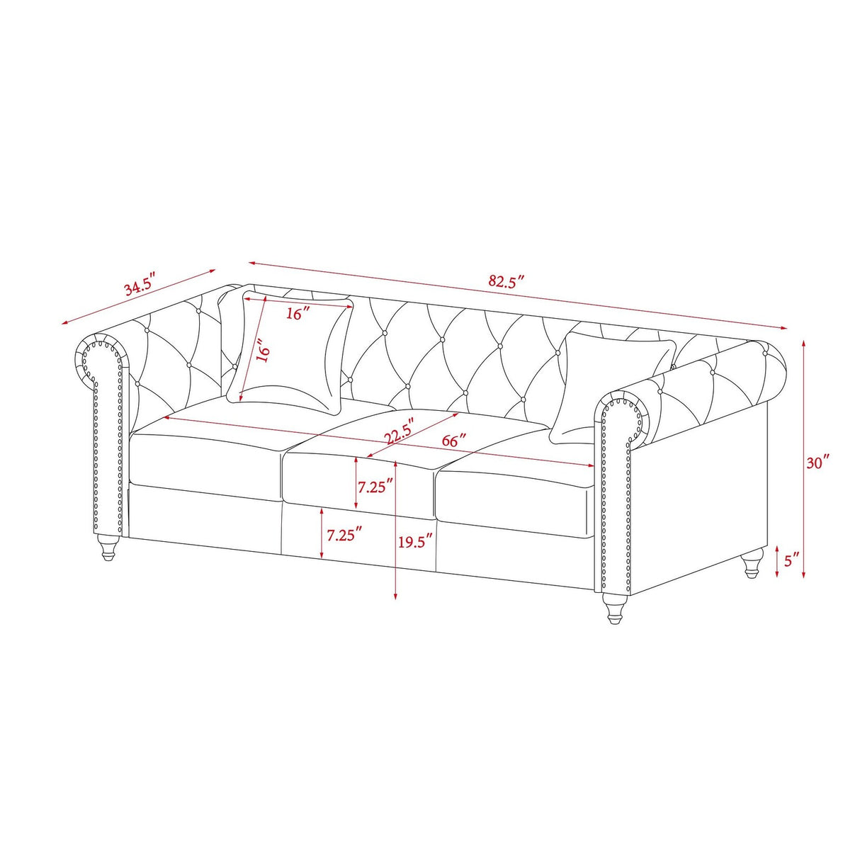 3 Pieces Living Room Sofa Sets including 3 Seat Sofa, Love seat and Sofa Chair, Five Pillows