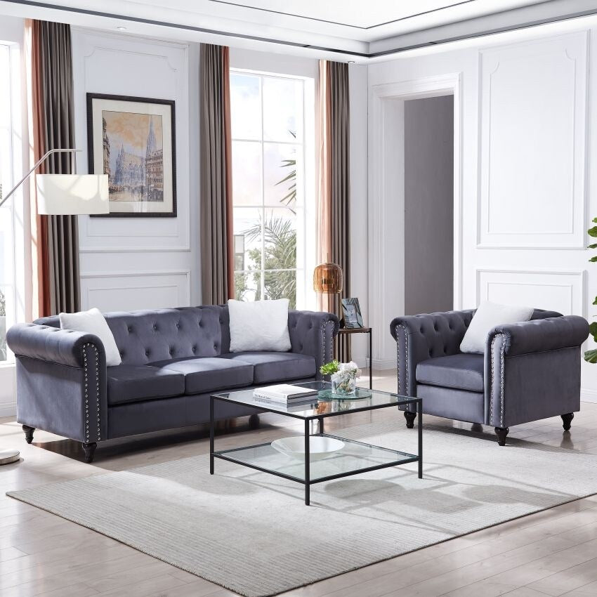 3 Pieces Living Room Sofa Sets including 3 Seat Sofa, Love seat and Sofa Chair, Five Pillows