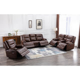 3 Pieces Manual Genuine Leather Recliner Sofa Set with Cup Holders
