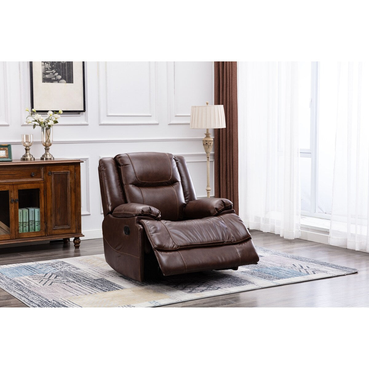 3 Pieces Manual Genuine Leather Recliner Sofa Set with Cup Holders