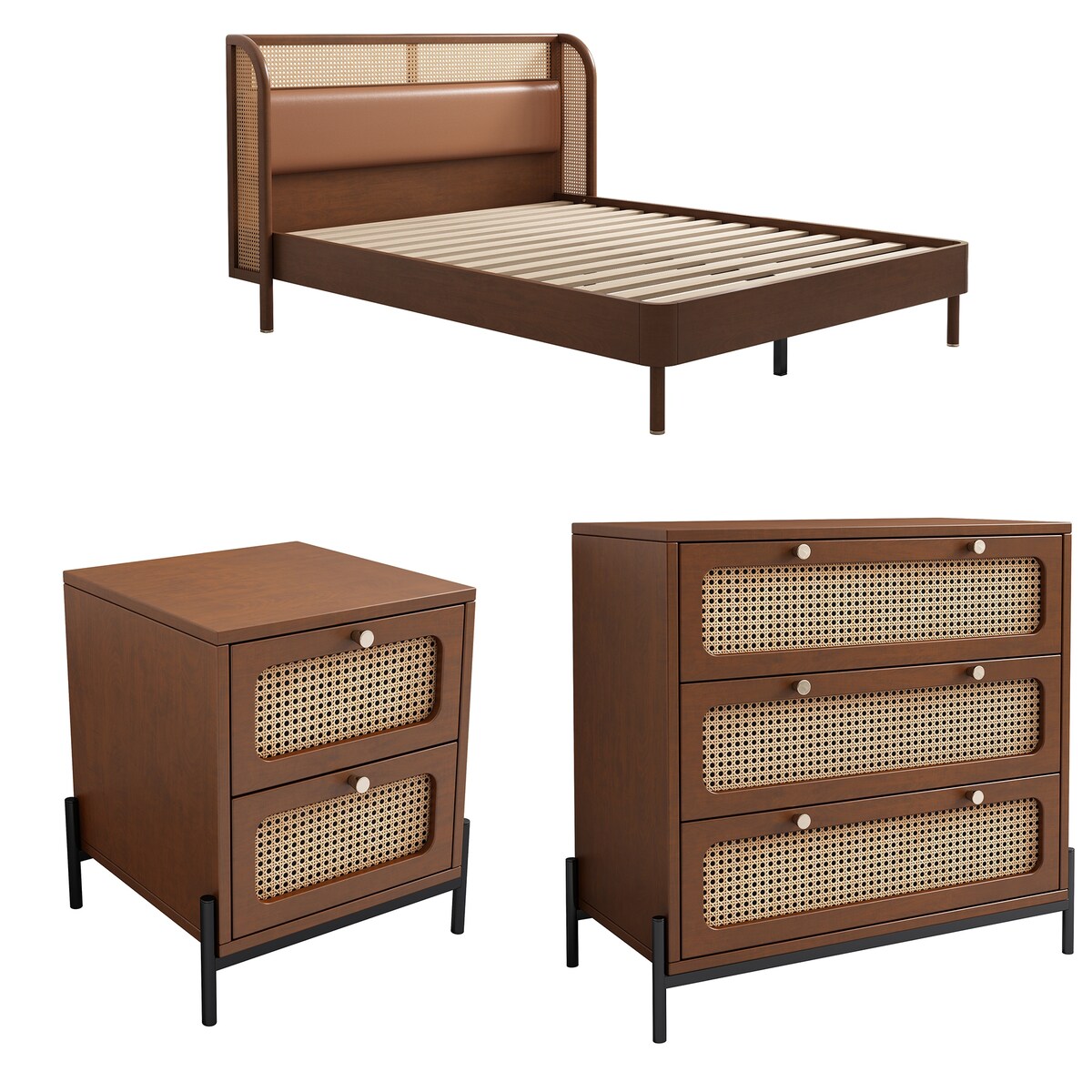 3 Pieces Modern Cannage Rattan Wood Platform Queen Bed