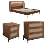 3 Pieces Modern Cannage Rattan Wood Platform Queen Bed