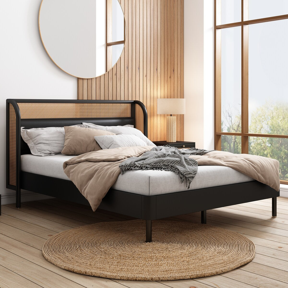 3 Pieces Modern Cannage Rattan Wood Platform Queen Bed