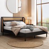 3 Pieces Modern Cannage Rattan Wood Platform Queen Bed