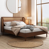 3 Pieces Modern Cannage Rattan Wood Platform Queen Bed