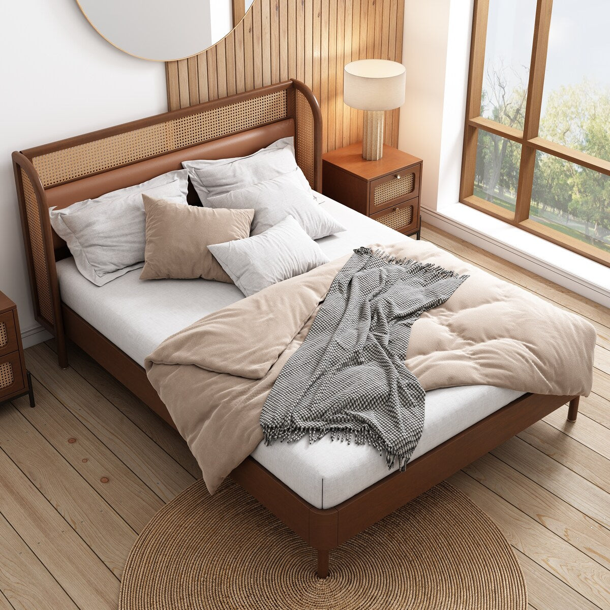 3 Pieces Modern Cannage Rattan Wood Platform Queen Bed