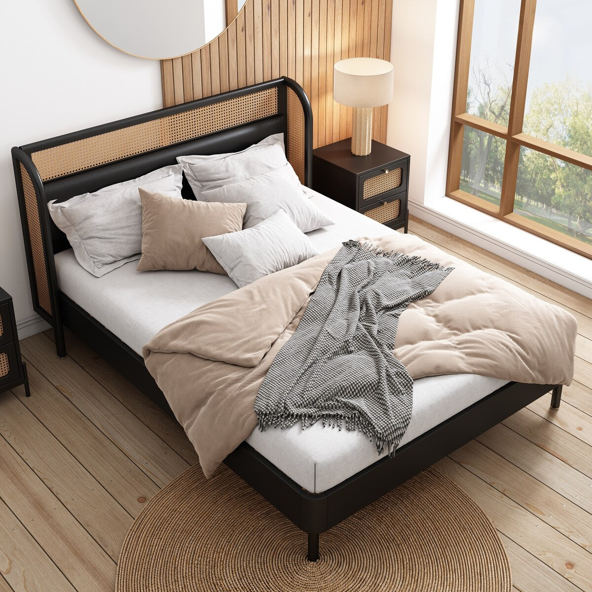 3 Pieces Modern Cannage Rattan Wood Platform Queen Bed